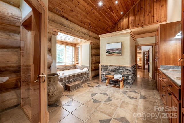 303 Flying Hawk Trl, Waynesville, NC 28786 - full bath with wooden ceiling, vanity, a bath, log walls, and recessed lighting