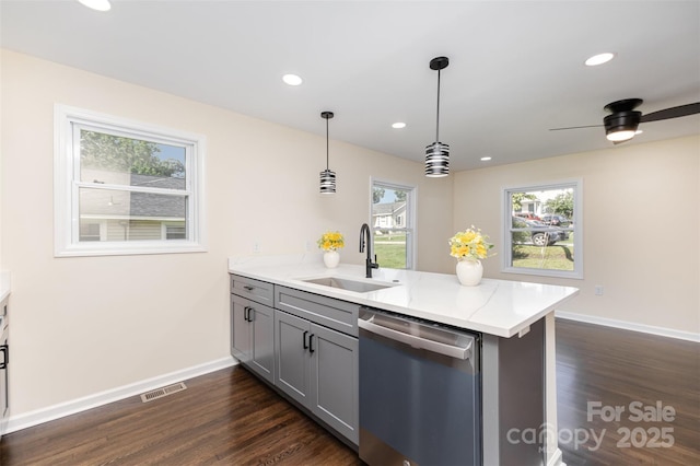 803 Irene Ave, Kannapolis, NC 28083 - kitchen featuring dishwasher, gray cabinetry, a peninsula, dark wood finished floors, and recessed lighting