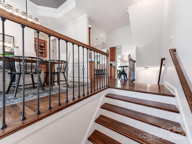 3036 Luke Crossing Dr, Charlotte, NC 28226 - stairs featuring crown molding
