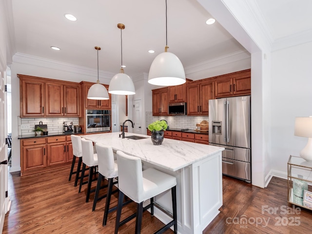 3036 Luke Crossing Dr, Charlotte, NC 28226 - kitchen featuring stainless steel appliances, brown cabinetry, backsplash, ornamental molding, and recessed lighting