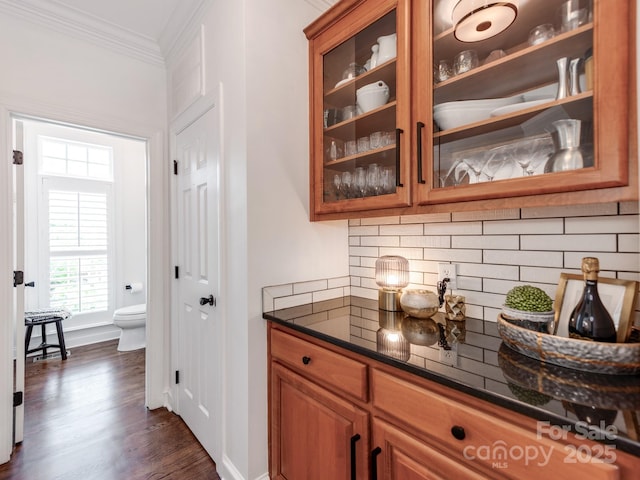 3036 Luke Crossing Dr, Charlotte, NC 28226 - bar featuring crown molding, dark wood finished floors, and tasteful backsplash