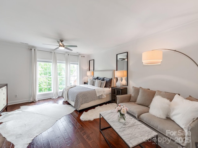 3036 Luke Crossing Dr, Charlotte, NC 28226 - bedroom featuring crown molding, dark wood-style floors, and ceiling fan