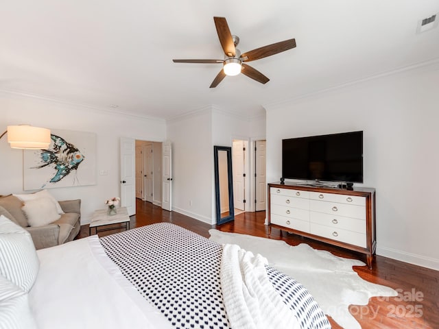 3036 Luke Crossing Dr, Charlotte, NC 28226 - bedroom with ornamental molding, dark wood-style flooring, and a ceiling fan