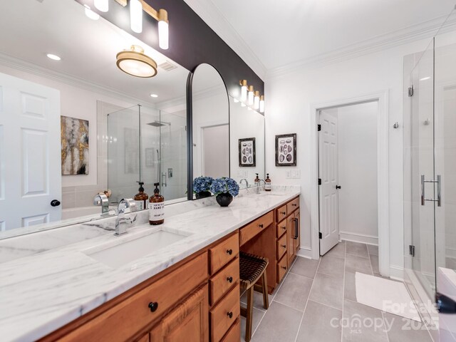 3036 Luke Crossing Dr, Charlotte, NC 28226 - bathroom with a stall shower, double vanity, crown molding, tile patterned flooring, and recessed lighting