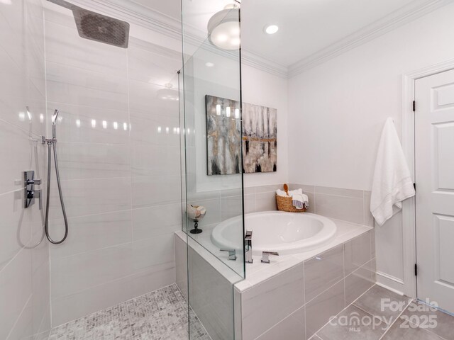 3036 Luke Crossing Dr, Charlotte, NC 28226 - bathroom featuring a bath, a walk in shower, ornamental molding, and tile patterned flooring