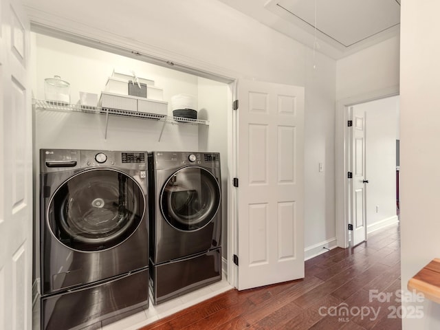 3036 Luke Crossing Dr, Charlotte, NC 28226 - laundry area featuring attic access, washer and dryer, and wood finished floors