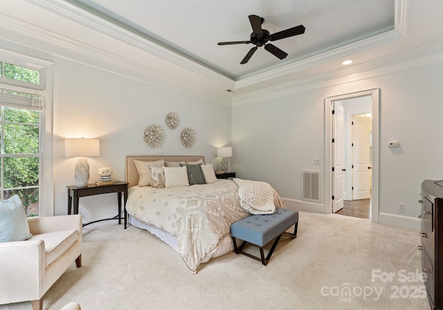 408 Covington Xing, Matthews, NC 28104 - carpeted bedroom featuring ornamental molding, a raised ceiling, ceiling fan, and recessed lighting