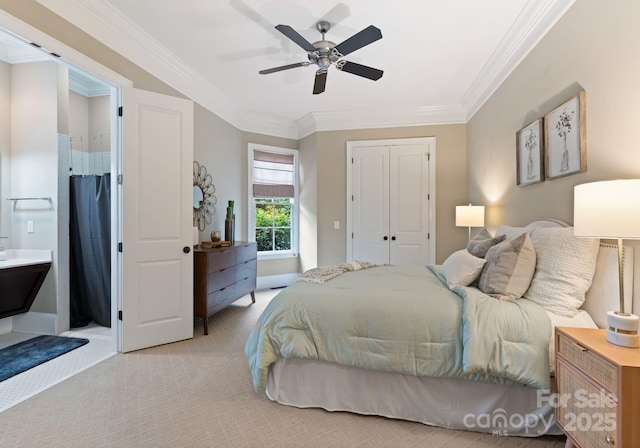 408 Covington Xing, Matthews, NC 28104 - bedroom with crown molding, carpet flooring, ensuite bath, a closet, and a ceiling fan