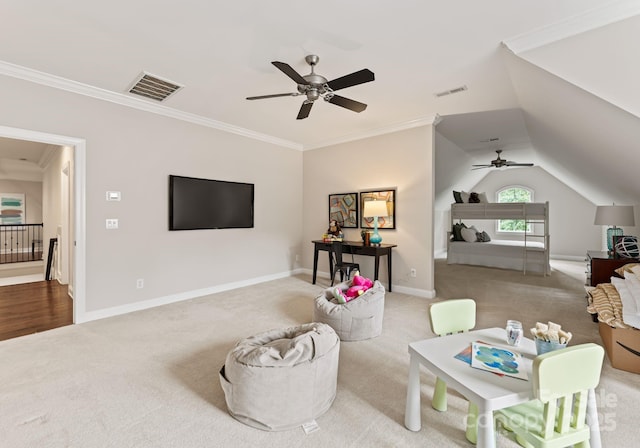 408 Covington Xing, Matthews, NC 28104 - living area featuring ceiling fan, carpet flooring, ornamental molding, and lofted ceiling