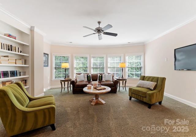 408 Covington Xing, Matthews, NC 28104 - carpeted living area with ceiling fan, crown molding, and built in features