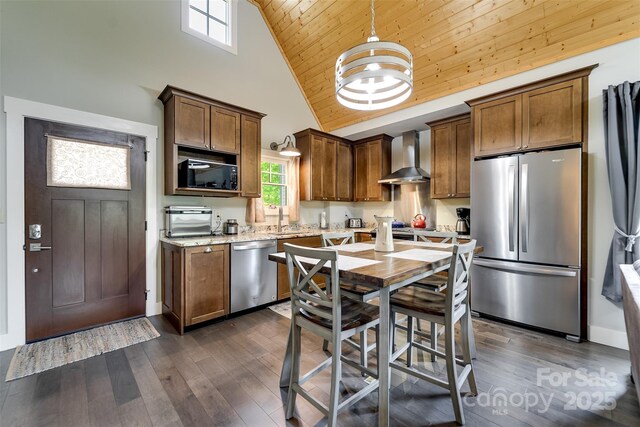 396 River Club Dr, Cullowhee, NC 28723 - kitchen with appliances with stainless steel finishes, high vaulted ceiling, wall chimney range hood, healthy amount of natural light, and wood ceiling