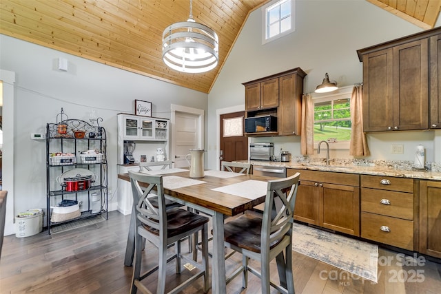 396 River Club Dr, Cullowhee, NC 28723 - kitchen with high vaulted ceiling, black microwave, healthy amount of natural light, wood ceiling, and dark wood finished floors