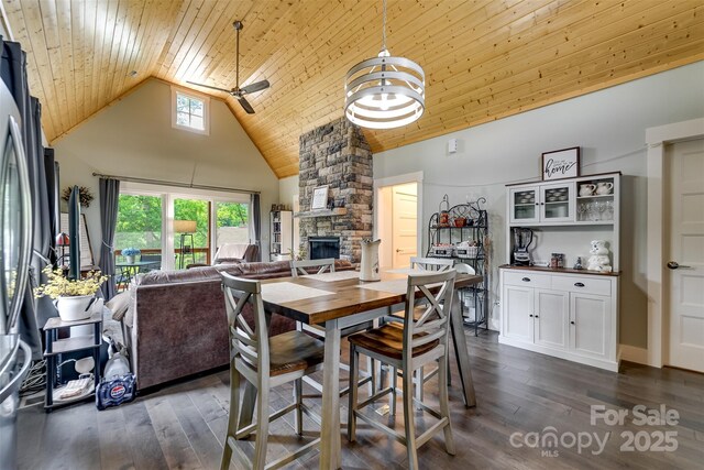 396 River Club Dr, Cullowhee, NC 28723 - dining area with high vaulted ceiling, wood ceiling, a stone fireplace, and dark wood-style floors