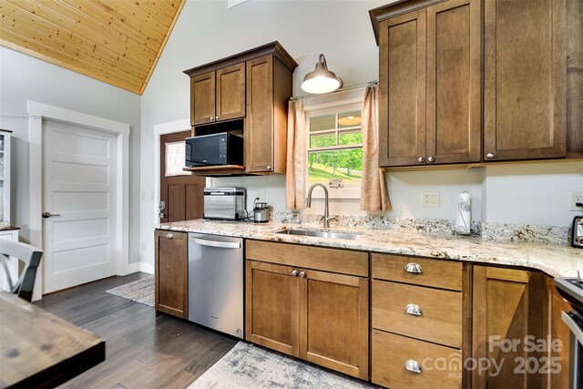 396 River Club Dr, Cullowhee, NC 28723 - kitchen with stainless steel dishwasher, lofted ceiling, black microwave, dark wood-style floors, and light stone counters