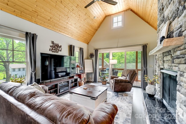 396 River Club Dr, Cullowhee, NC 28723 - living room featuring a ceiling fan, a stone fireplace, high vaulted ceiling, wood ceiling, and wood finished floors