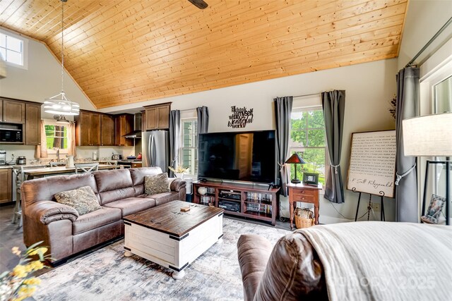 396 River Club Dr, Cullowhee, NC 28723 - living room with wood ceiling, plenty of natural light, and high vaulted ceiling