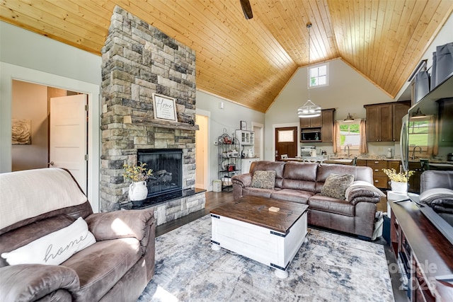 396 River Club Dr, Cullowhee, NC 28723 - living room featuring high vaulted ceiling, wooden ceiling, a fireplace, and wood finished floors