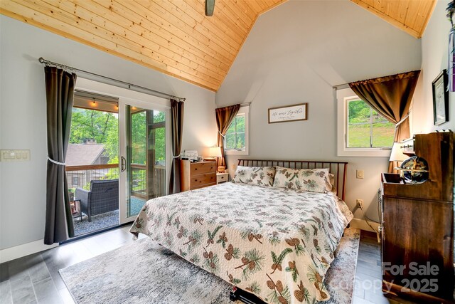 396 River Club Dr, Cullowhee, NC 28723 - bedroom featuring wood ceiling, access to exterior, vaulted ceiling, and wood finished floors