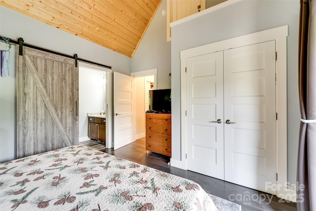 396 River Club Dr, Cullowhee, NC 28723 - bedroom featuring wood ceiling, a barn door, a closet, dark wood-type flooring, and ensuite bath