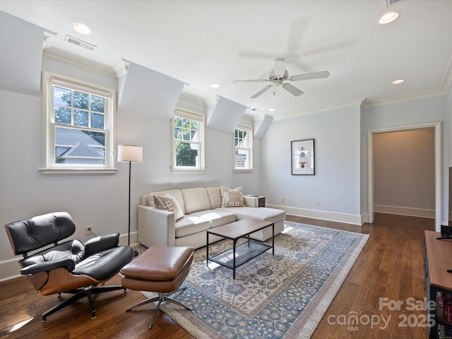 6314 Saint Stephen Ln, Charlotte, NC 28210 - living area featuring crown molding, ceiling fan, and dark wood-style floors