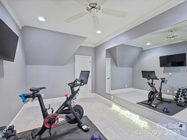 6314 Saint Stephen Ln, Charlotte, NC 28210 - exercise room featuring ceiling fan, recessed lighting, vaulted ceiling, and ornamental molding