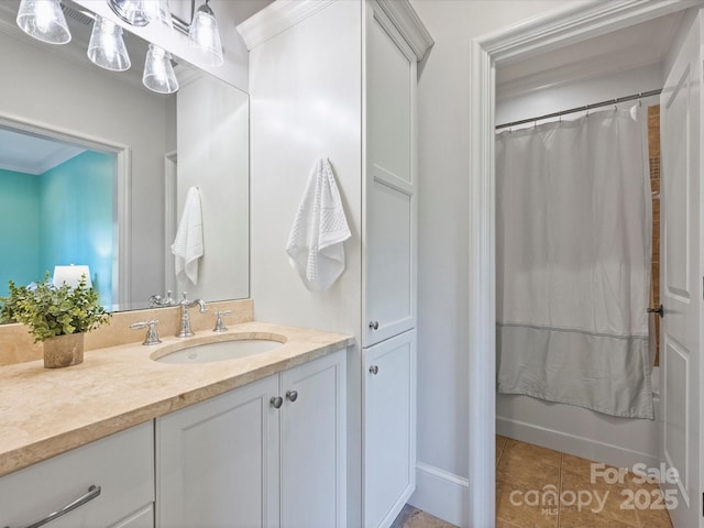 6314 Saint Stephen Ln, Charlotte, NC 28210 - bathroom with vanity, tile patterned flooring, and shower / bathtub combination with curtain