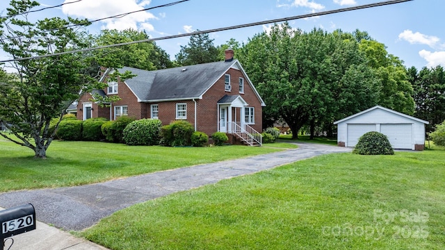 1520 21st Ave NE, Hickory, NC 28601 - view of front of house featuring an outdoor structure, a garage, brick siding, a chimney, and a front yard