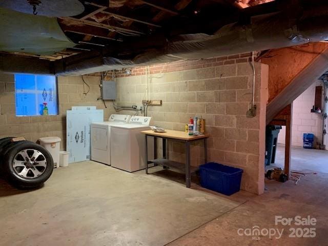 209 8th Ave NW, Hickory, NC 28601 - unfinished basement featuring washer and dryer, electric panel, and concrete block wall
