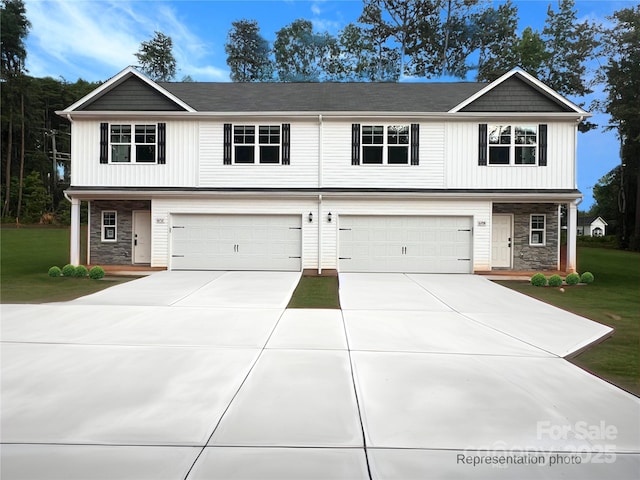 6708 W Sugar Creek Rd, Charlotte, NC 28269 - view of front of property with stone siding, a garage, concrete driveway, and a front yard