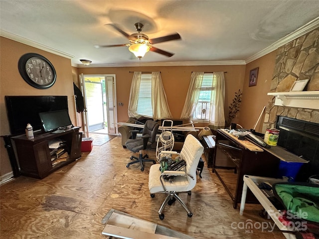 3396 Farm Lake Dr SW, Concord, NC 28027 - office area with ceiling fan, ornamental molding, a fireplace, and wood finished floors