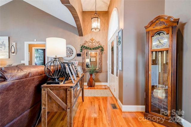 116 Camille Dr, Shelby, NC 28150 - entryway with light wood-style floors, high vaulted ceiling, and a chandelier