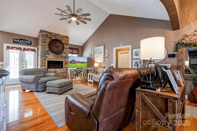 116 Camille Dr, Shelby, NC 28150 - living area featuring a ceiling fan, high vaulted ceiling, wood finished floors, and a fireplace