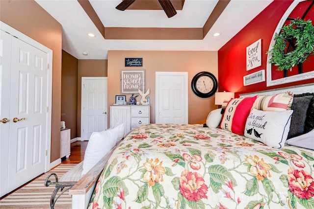 116 Camille Dr, Shelby, NC 28150 - bedroom with recessed lighting, a raised ceiling, a ceiling fan, and a closet