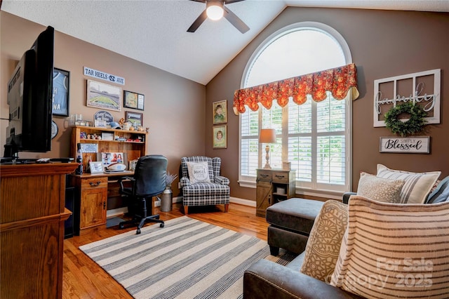 116 Camille Dr, Shelby, NC 28150 - office area featuring a ceiling fan, wood finished floors, and high vaulted ceiling