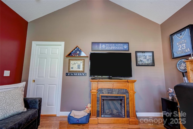 116 Camille Dr, Shelby, NC 28150 - living room with lofted ceiling, a fireplace, wood finished floors, and a textured ceiling