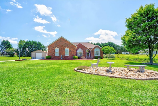 116 Camille Dr, Shelby, NC 28150 - traditional-style house featuring an outbuilding, a front lawn, brick siding, and a detached garage