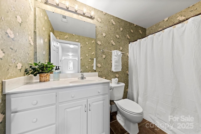2241 Flagstick Dr, Matthews, NC 28104 - bathroom featuring vanity, wallpapered walls, tile patterned floors, and curtained shower