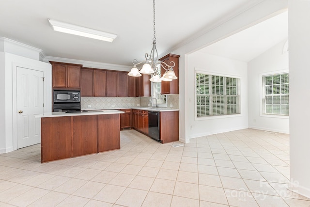 14333 Maclauren Ln, Huntersville, NC 28078 - kitchen featuring black appliances, light countertops, tasteful backsplash, a chandelier, and crown molding