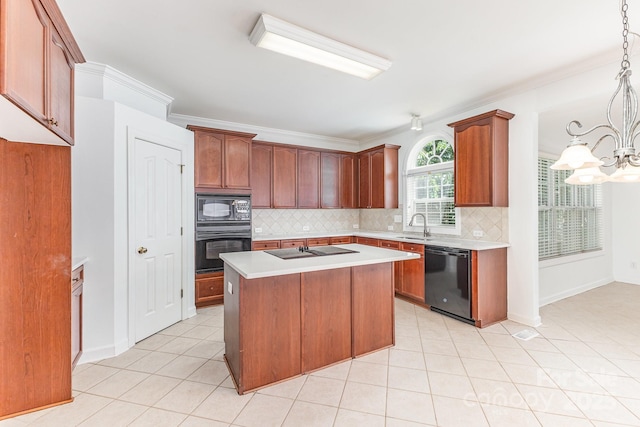 14333 Maclauren Ln, Huntersville, NC 28078 - kitchen featuring black appliances, a chandelier, light countertops, tasteful backsplash, and a kitchen island