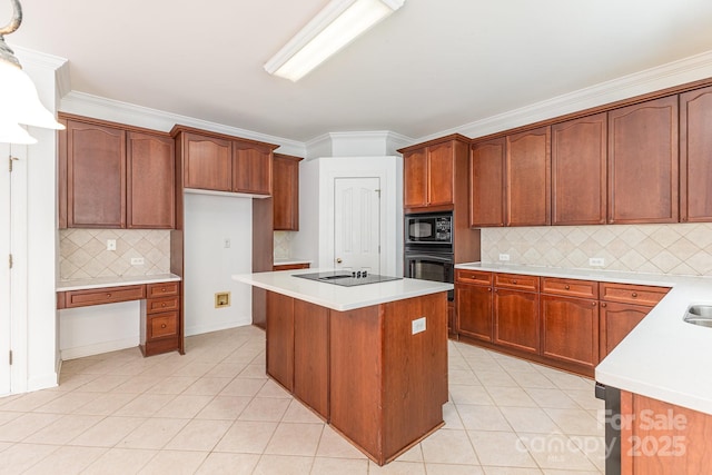 14333 Maclauren Ln, Huntersville, NC 28078 - kitchen with black appliances, a kitchen island, light countertops, tasteful backsplash, and ornamental molding