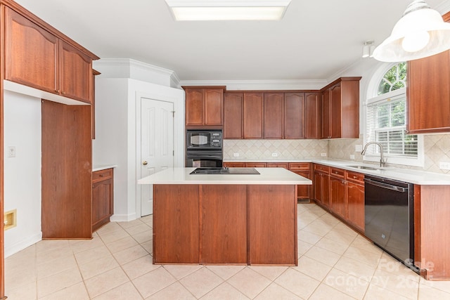 14333 Maclauren Ln, Huntersville, NC 28078 - kitchen with black appliances, light countertops, decorative backsplash, light tile patterned floors, and ornamental molding