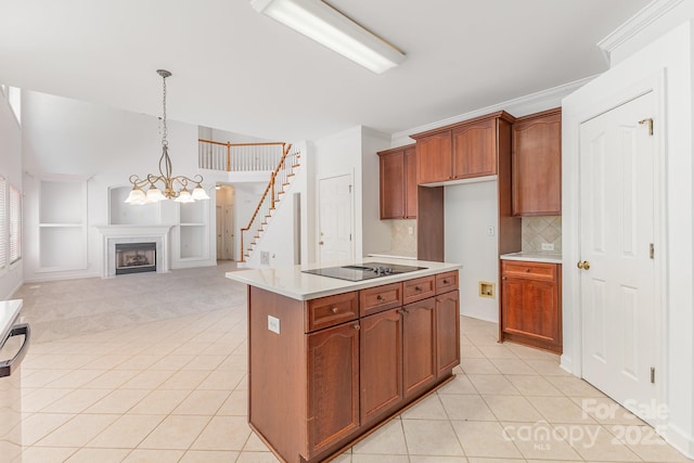 14333 Maclauren Ln, Huntersville, NC 28078 - kitchen with a fireplace, light countertops, light tile patterned floors, built in shelves, and black electric cooktop