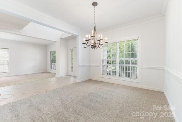 14333 Maclauren Ln, Huntersville, NC 28078 - tiled spare room with carpet flooring, a chandelier, and ornamental molding