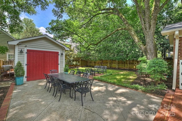 726 E Kingston Ave, Charlotte, NC 28203 - fenced backyard featuring a storage shed, a patio, and outdoor dining area
