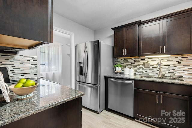 5192 Corbin Ln, Hickory, NC 28601 - kitchen with stainless steel appliances, backsplash, light wood finished floors, stone countertops, and dark brown cabinets