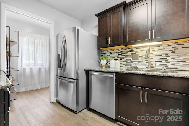 5192 Corbin Ln, Hickory, NC 28601 - kitchen featuring appliances with stainless steel finishes, light wood-style flooring, dark brown cabinetry, and decorative backsplash