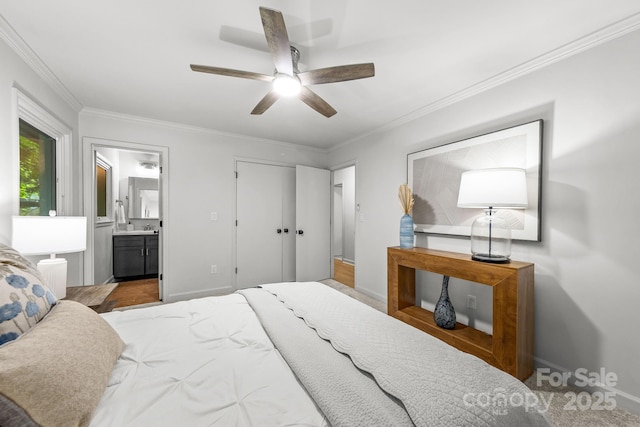 3519 Campbell Dr, Charlotte, NC 28205 - bedroom with connected bathroom, crown molding, a ceiling fan, and a closet
