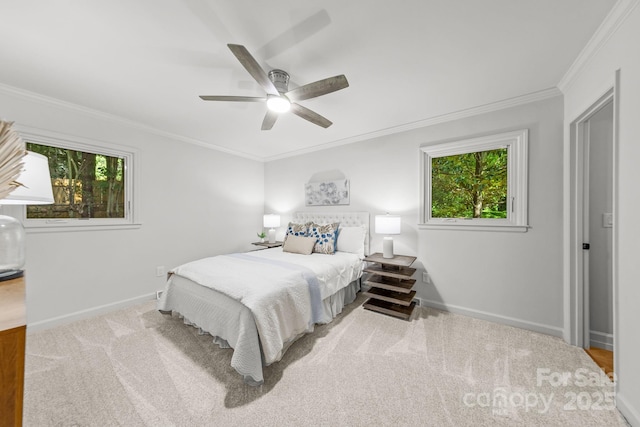 3519 Campbell Dr, Charlotte, NC 28205 - bedroom featuring multiple windows, ornamental molding, carpet flooring, and a ceiling fan