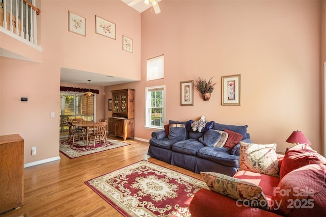 220 Holmes Ct, Concord, NC 28027 - living area featuring wood finished floors, a towering ceiling, plenty of natural light, and a ceiling fan