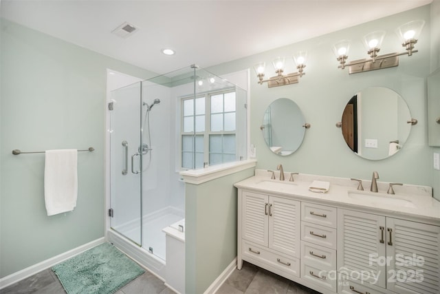 220 Holmes Ct, Concord, NC 28027 - bathroom featuring a stall shower, double vanity, and a chandelier